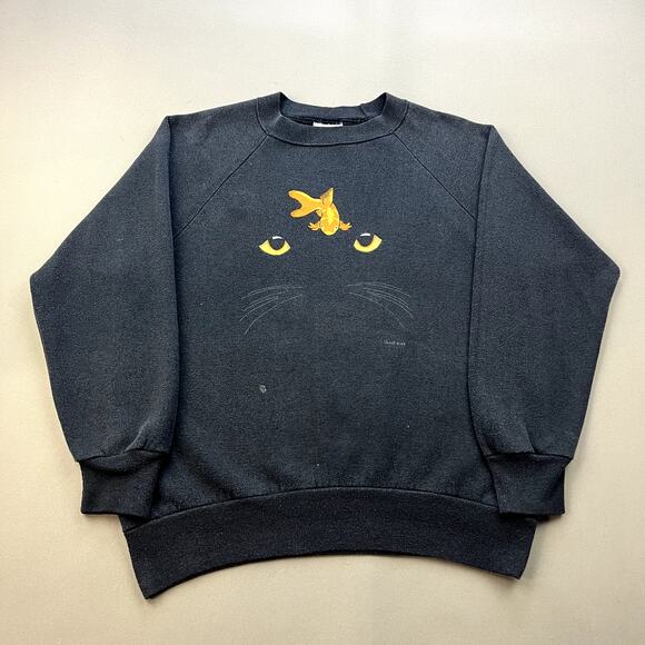 Vintage Cat Sweatshirt Womens Small Black Nature Kitten Eyes Goldfish USA 80s - Picture 1 of 11